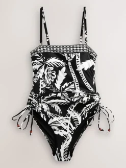 Next Black/Cream Palm Bandeau Ruched Leg Tummy Control Shaping Swimsuit Outlet