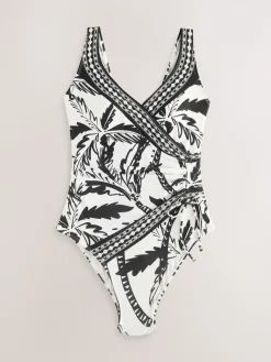 Next Black/Cream Palm Ruched Side Tummy Shaping Control Swimsuit Outlet