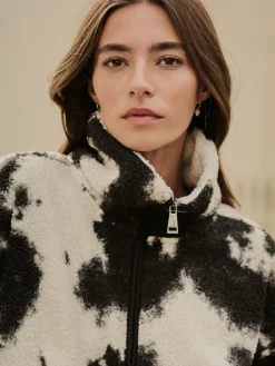 Next Black/Ecru Cow Print Soft Touch Cosy Teddy Borg Quarter Zip Fleece