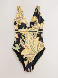 Next Black/Green Paisley Plunge Shaping Tummy Control Swimsuit Hot