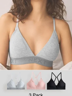 Next Cotton Ribbed Logo Bralettes 3 Pack Black/Grey/Pink Clearance