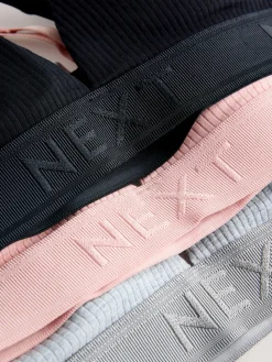 Next Cotton Ribbed Logo Bralettes 3 Pack Black/Grey/Pink Clearance