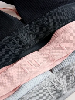 Next Cotton Ribbed Logo Bralettes 3 Pack Black/Grey/Pink Clearance