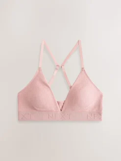 Next Cotton Ribbed Logo Bralettes 3 Pack Black/Grey/Pink Clearance