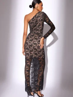 Lipsy Black/Nude Petite Lace One Shoulder Bodycon Midaxi Dress Clearance