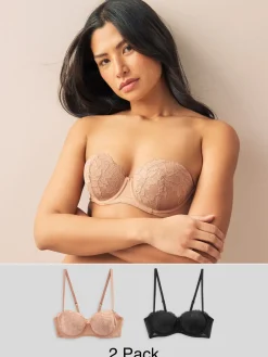 Next Black/Praline Nude A-E Lace Light Pad Strapless Multiway Bras 2 Pack Best
