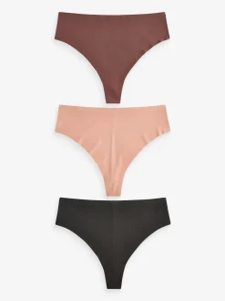 Next High Waisted Thong No VPL Comfort Knickers 3 Pack Black/Praline Nude/Chocolate Nude Outlet