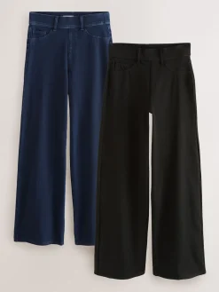 Next Jersey Denim Wide Leg Trousers 2 Pack Black/Rinse Blue New