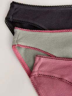 Next High Rise High Leg Cotton Rib Knickers 3 Pack Black/Rose/Olive Discount