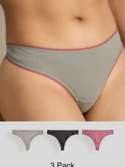 Next Thong Cotton Rib Knickers 3 Pack Black/Rose/Olive New