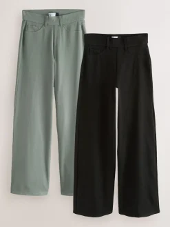 Next Jersey Denim Wide Leg Trousers 2 Pack Black/Sage Green
