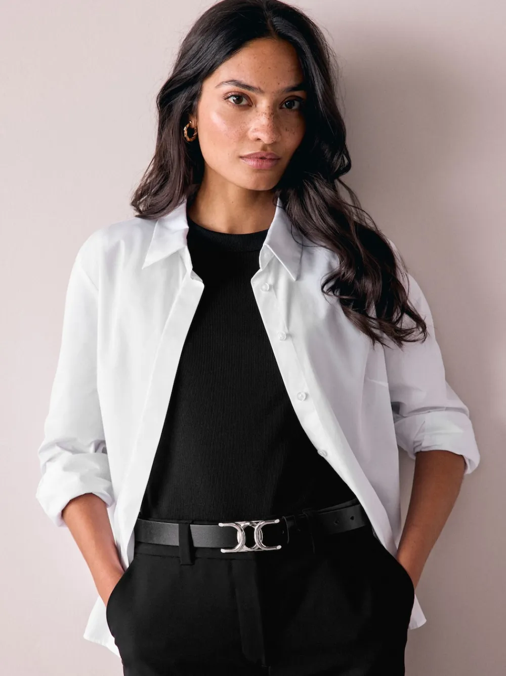 Next Regular Statement Buckle Leather Belt Black/Silver Tone Best