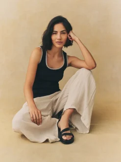 Next Contrast Knit Trim Scoop Neck Sleeveless Tank Vest Top Black/White Hot