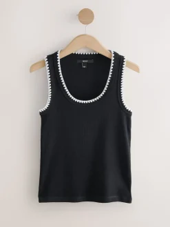 Next Contrast Knit Trim Scoop Neck Sleeveless Tank Vest Top Black/White Hot