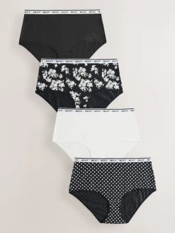 Next Black/White Floral Print Midi Cotton Logo Knickers 4 Pack Hot