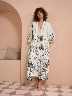 Next Black/White Heron Linen Blend Lightweight Dressing Gown Sale