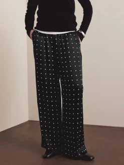 Next Satin Tie Waist Wide Leg Trousers Black/White Polka Dot Best