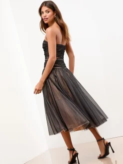 Lipsy Black/White Premium Ruched Bandeau Prom Dress New