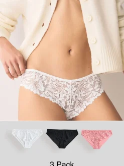 Next Brazilian Lace Front NVPL Knickers 3 Pack Black/White/Nude New