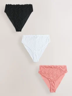 Next High Waist High Leg Lace Front NVPL Knickers 3 Pack Black/White/Nude