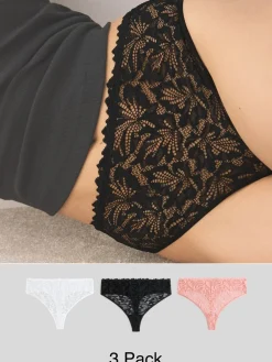 Next High Waisted Thong Lace Front NVPL Knickers 3 Pack Black/White/Nude Hot