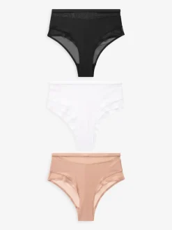 Next Mesh Trim High Waist High Leg Knickers 3 Pack Black/White/Nude Outlet