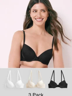 Next Black/White/Pastel Rose Nude Pad Plunge Cotton Blend Ultimate Comfort Bras 3 Pack New