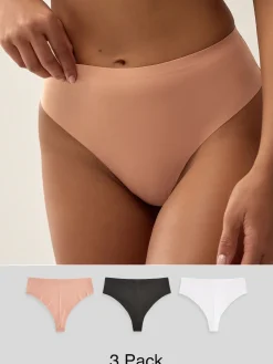 Next High Waisted Thong No VPL Comfort Knickers 3 Pack Black/White/Praline Nude New