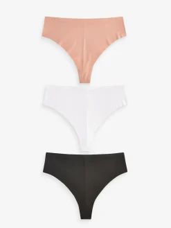 Next High Waisted Thong No VPL Comfort Knickers 3 Pack Black/White/Praline Nude New