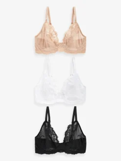 Next Non Pad Plunge DD+ Lace Bras 3 Pack Black/White/Praline Nude Outlet