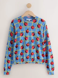 Next Blue Apple Check Pattern Soft Touch Crew Neck Cotton Rich Jumper Sale
