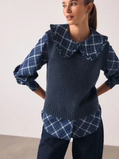 Next Frill Collar Shirt Layer Knitted Tank Blue Check Hot