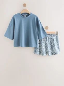 Next Cotton Short Set Pyjamas Blue Floral Clearance
