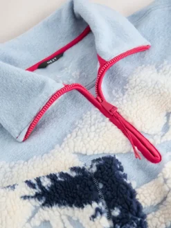 Next Blue Graphic Winter Scenic Soft Touch Cosy Teddy Borg Quarter Zip Fleece Best