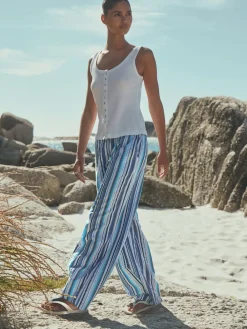 Next Pull On Wide Leg Trousers Blue Stripe Sale