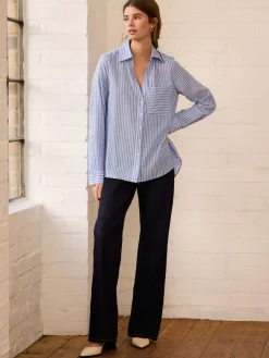 Next Soft Relaxed Long Sleeve V Neck Shirt Blue Stripe Clearance