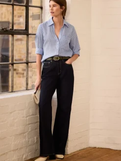 Next Soft Relaxed Long Sleeve V Neck Shirt Blue Stripe Clearance