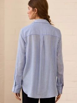 Next Soft Relaxed Long Sleeve V Neck Shirt Blue Stripe Clearance