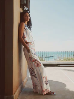 Next Pull On Wide Leg Trousers With Linen Blue/Ecru Hot