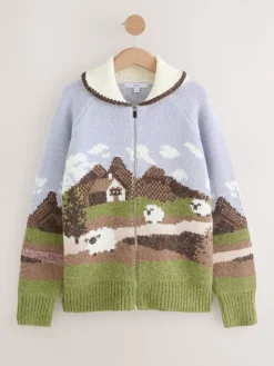 Next Blue/Green Landscape Scene Zip Cardigan Outlet