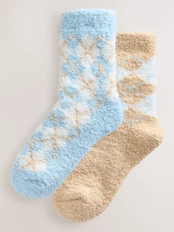 Next Cosy Ankle Socks 2 Pack Blue/Neutral Argyle New