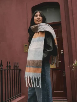 Next Heavyweight Brushed Blanket Scarf Blue/Orange Clearance