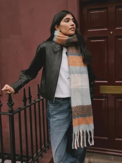 Next Heavyweight Brushed Blanket Scarf Blue/Orange Clearance