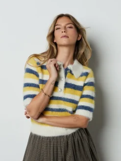 Next Gem Button Short Sleeve Knitted Polo Jumper Blue/Yellow Stripe Best