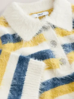 Next Gem Button Short Sleeve Knitted Polo Jumper Blue/Yellow Stripe Best