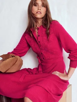 Boden Pink Lace Insert Knitted Midi Dress New