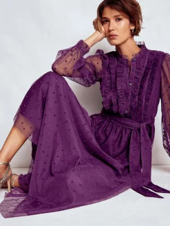 Boden Tulle Ruffle Maxi Dress Purple Discount