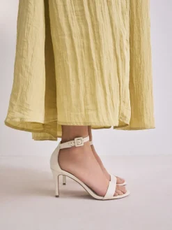 Next Signature Premium Leather Round Toe Buckle Detail Mid Simple Sandals Bone Sale