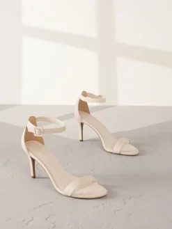 Next Signature Premium Leather Round Toe Buckle Detail Mid Simple Sandals Bone Sale