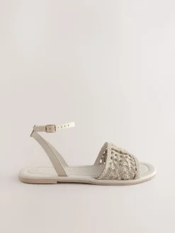 Next Standard/Wide Fit Woven Flat Sandals Bone White Leather